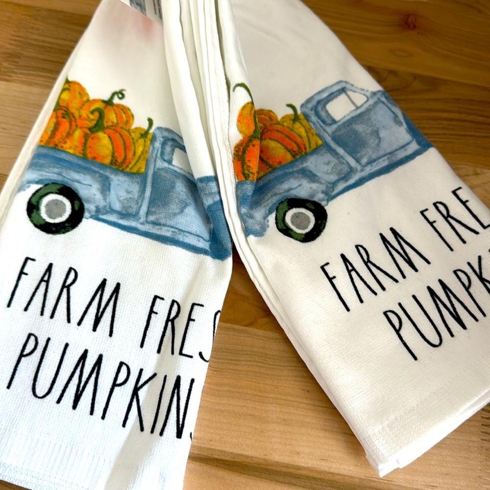❗️2x RAE DUNN FARM FRESH PUMPKINS FALL MODERN FARMHOUSE KITCHEN TOWEL